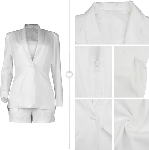 Vista 3 de Conjunto de 3 piezas de blazer para mujer, blazer con botón frontal abierto + blusa corta + pantalones cortos con cinturón, conjuntos de traje