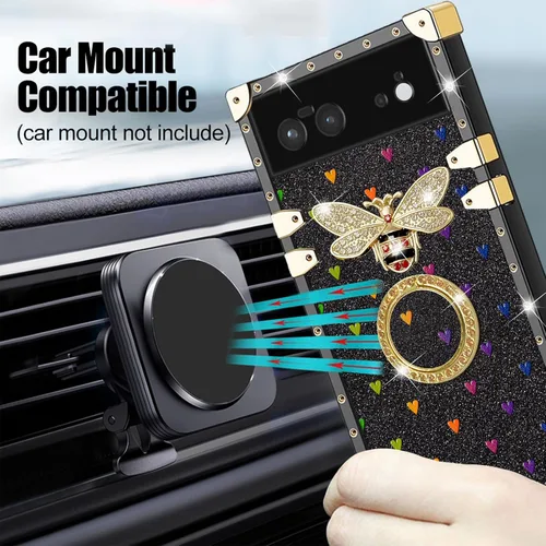 Vista 4 de nancheng Funda para Google Pixel 6 de lujo, diseño de abeja, corazón y abeja, chapado en oro, con anillo de diamante de 360°, correa de cordón