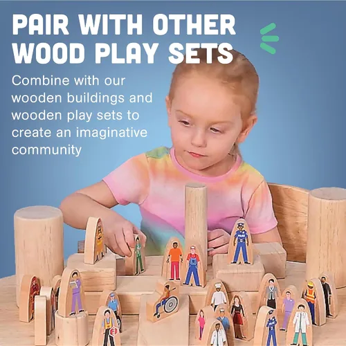 Vista 7 de Constructive Playthings Wooden Community Helpers - Juego de figuras de juguete de madera de 25 piezas, figuras de juguete de madera independientes