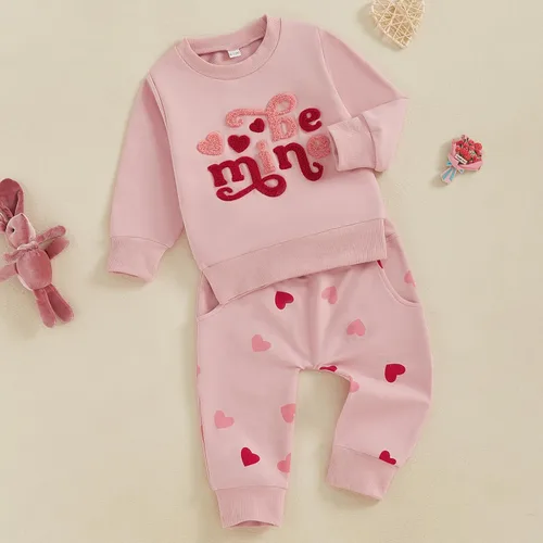 Vista 2 de Prendas de Ropa para Niña Otoño Invierno Conjunto de Dos Piezas Sudaderas de Manga Larga con Letras+Pantalón 2 Piezas Ropa para Niña Be Mine-rosa