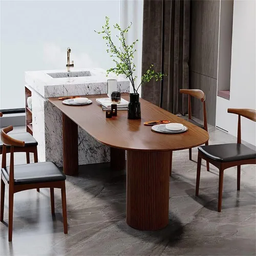 Vista 5 de LAKIQ Mesa de comedor creativa de forma irregular, mesa de cocina de isla de madera maciza, estilo nórdico moderno, mesa de comedor de cocina