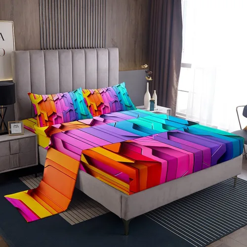 Vista 37 de Juego de sábana bajera ajustable de teñido anudado para niñas, juego de ropa de cama con diseño de arco iris degradado de arcoíris, lindo juego
