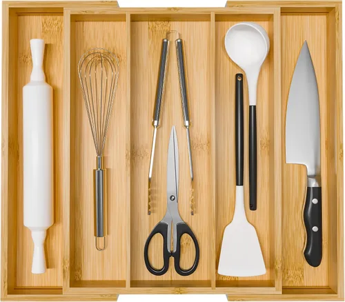 Vista 9 de Organizador de utensilios de cocina, bandeja de cubiertos – Organizador de cubiertos de bambú expandible, 5 ranuras, organizador de cubiertos Negro