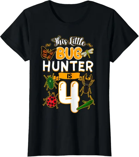 Vista 40 de Camiseta de fiesta de cumpleaños de insectos de este cazador de insectos de 4 años, Negro, S