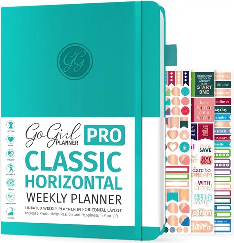 Vista 11 de GoGirl Planner Pro: Agenda semanal y organizador con diseño horizontal + páginas de seguimiento de presupuestos y gastos, diario de objetivos, sin