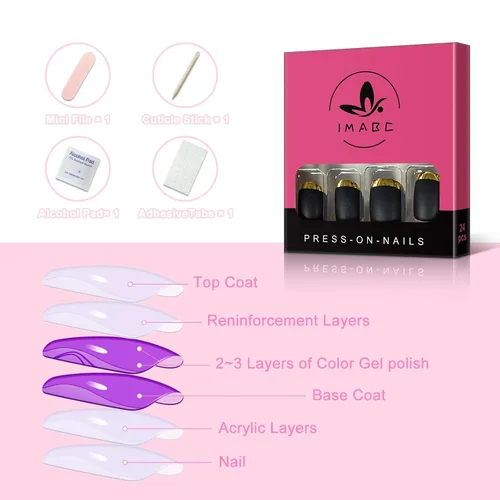Vista 5 de Uñas postizas a presión de color negro mate, uñas postizas brillantes y doradas con diseño de línea metálica dorada fría de plástico esmerilado, uso