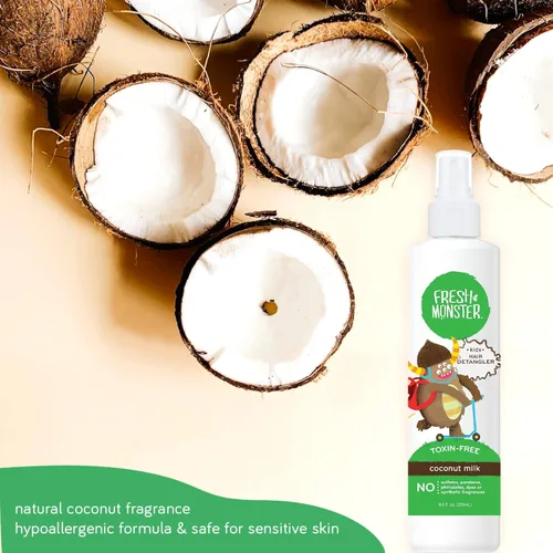 Vista 7 de Fresh Monster Spray desenredante para niños, sin toxinas, hipoalergénico y natural, spray acondicionador para el cabello para niños, coco