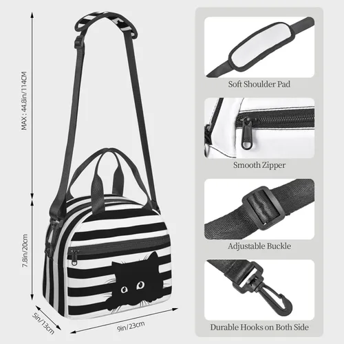 Vista 10 de Perinsto Bolsa de almuerzo a rayas blancas y negras con diseño de gatos, contenedor aislado reutilizable con correa de hombro ajustable, 9 x 5 x 7.8
