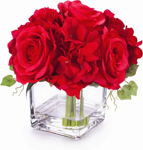 Vista 6 de Arreglos de flores artificiales de seda de rosas y hortensias en jarrón de cristal para decoración del hogar y boda (azul)