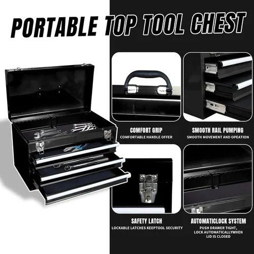 Vista 4 de Torin ATBD134B-BLACK Rolling Garage Workshop Tool Organizer: Detachable 3 Drawer Tool Chest with Large Storage Cabinet and Adjustable Shelf, Black