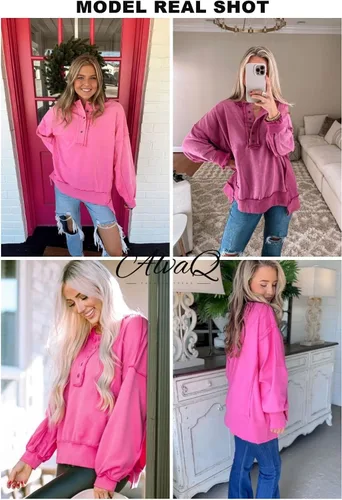 Vista 55 de AlvaQ - Sudadera de gran tamaño para mujer, informal, de manga larga, con botones y cuello Henley, tipo túnica