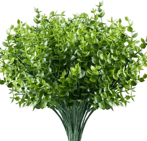 Vista 9 de 6 plantas artificiales de eucalipto, arbustos de boj falsos, resistentes a los rayos UV, no se decolora, ramo de novia de plástico sintético