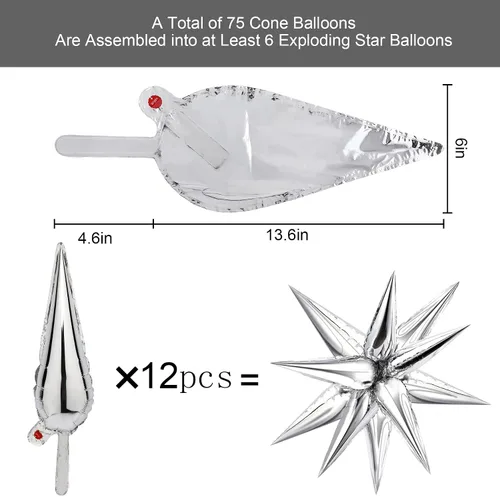 Vista 7 de NOVWANG 72 globos plateados con forma de estrella de explosión de 12 puntos