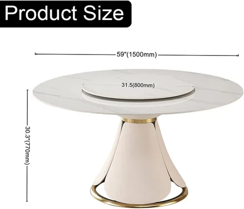 Vista 2 de Leavader Mesa de comedor redonda de 59 pulgadas, moderna mesa de mármol sintético con bandeja giratoria y base en forma de pétalo, mesa de comedor