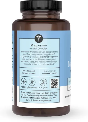 Vista 2 de Glicinato de magnesio y citrato de magnesio – Apoya la relajación muscular y la salud cardiovascular 60ct (suministro de 2 meses)
