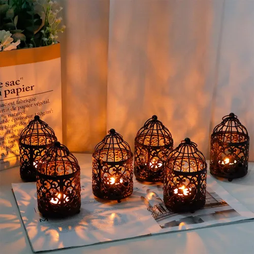 Vista 2 de JHY DESIGN 6 portavelas de metal pequeño de 5.5 pulgadas de altura para colgar en jaula de pájaros, farol de té huecos, portavelas huecos para mesa