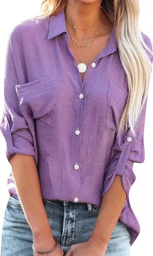 Vista 5 de MAYRAIN Camisa de manga larga con botones y cuello de solapa para mujer, camisa casual de verano con bolsillos