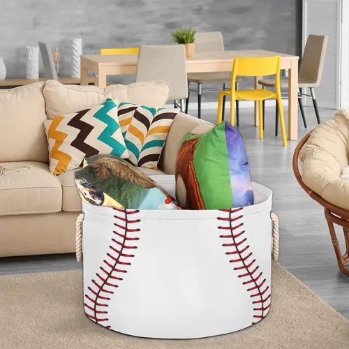 Vista 7 de Cesta de almacenamiento redonda grande de béisbol, canasta de almacenamiento circular plegable para béisbol, con asa para niños, manta de juguetes