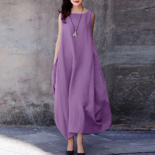 Vista 2 de Vestido largo sin mangas de lino y algodón para mujer, casual, de color liso, con marco A