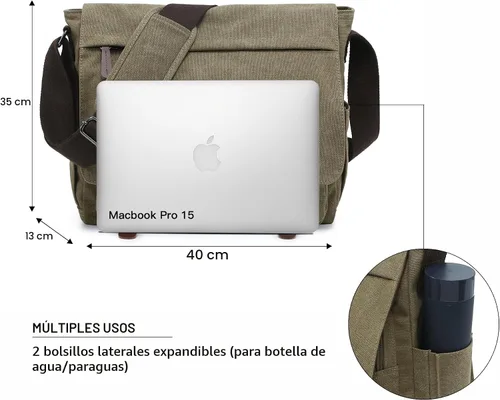 Vista 2 de Bolso de hombro grande vintage de lona para mensajero, bolso cruzado para viajes, cartera, maletín, bolsa de negocios para portátil de 15 pulgadas