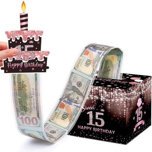 Vista 15 de Caja de regalo de cumpleaños con calcomanías de bricolaje para cualquier edad, soporte de dinero sorpresa para regalo en efectivo con tarjeta