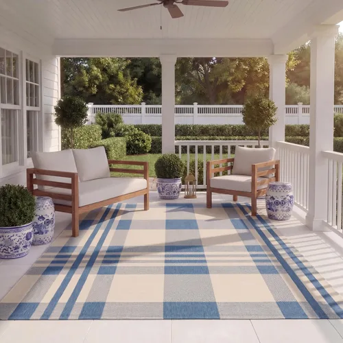 Vista 62 de SAFAVIEH Alfombra Lavable para Exteriores Colección Courtyard - 2'3" x 4', Beige y Azul, Patrón a Cuadros, No Desprende Pelusa y Fácil Limpieza