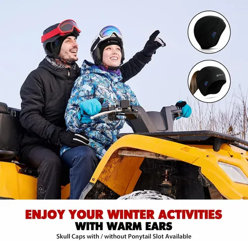 Vista 7 de Hikenture Gorro de calavera para casco con cola de caballo, gorro térmico de invierno para mujer, gorro de ciclismo para correr, gorro con agujeros