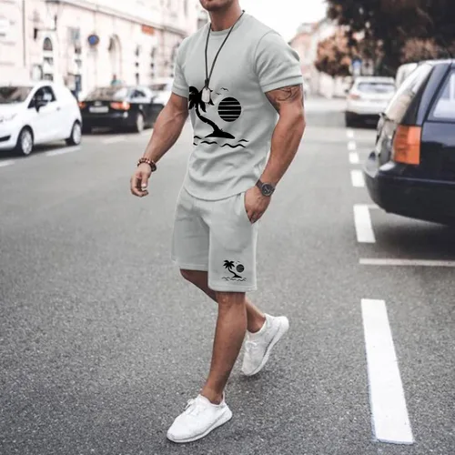 Vista 2 de Conjuntos de primavera para hombre, camiseta gráfica estampada de playa y pantalones cortos casuales, conjuntos de vacaciones ligeros de manga corta