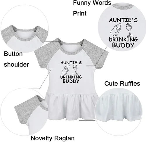 Vista 2 de 2PCS, Auntie's Drinking Buddy & If Mom Says No My Aunt Will Say Yes Funny Dresses Infant Baby Girls Princess Dress Ruffle