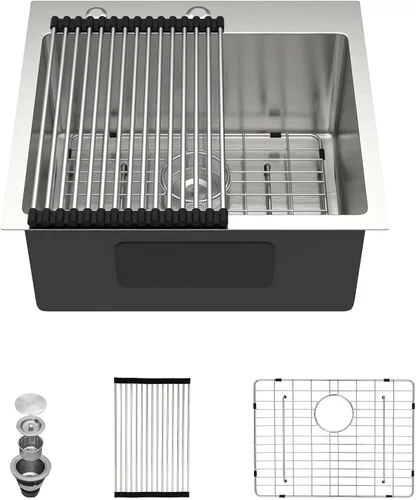 Vista 19 de Dcolora Fregadero de cocina empotrado de 25 pulgadas con grifo, fregadero pequeño de acero inoxidable de sobreponer, fregaderos de preparación