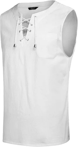 Vista 5 de Camiseta sin mangas de algodón y lino para hombre, ligera, con botones, ajuste sencillo
