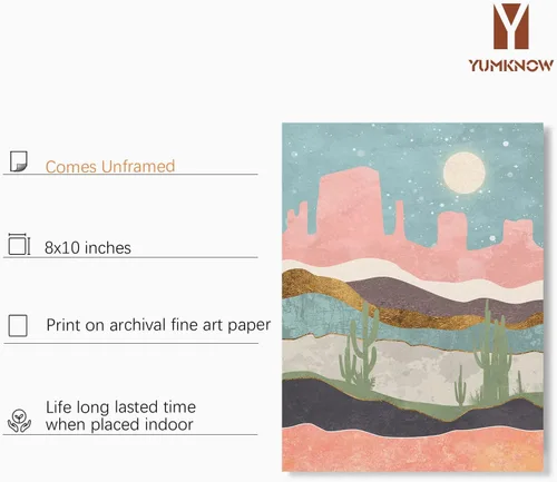 Vista 2 de Arte de pared del desierto del suroeste, impresiones de póster de color rosa pastel y verde azulado, decoración moderna de pared de montaña bohemia