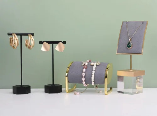 Vista 6 de GemeShou Soporte en T de metal negro, 2 piezas para exhibición de aretes, barra en T, soporte de joyería para fotografía minorista. Base hexagonal