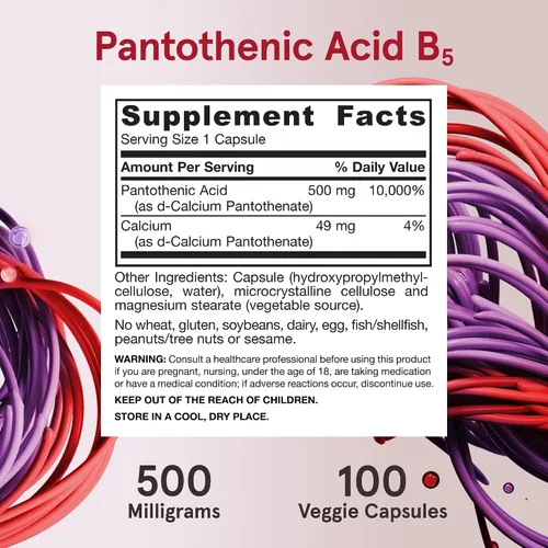 Vista 6 de Jarrow Formulas Ácido pantoténico B5 500 mg, suplemento dietético, vitamina B5 para apoyo de hormonas suprarrenales y metabolismo de energía