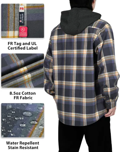 Vista 5 de BOCOMAL Camisas con capucha FR, camisas de franela a cuadros, con botones, resistentes al fuego, camisas de franela resistentes a la llama, chaqueta