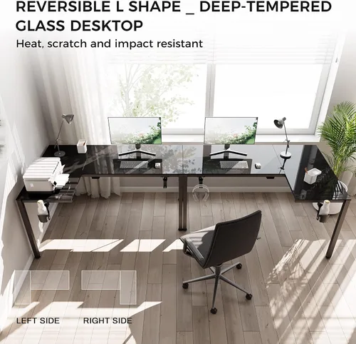 Vista 4 de EUREKA ERGONOMIC Escritorio de Juegos en Forma de L Reversible de 60 Pulgadas de Vidrio Negro con Luces LED RGB, Mesa de Computadora para Oficina