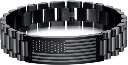 Vista 17 de P. BLAKE Pulsera con versículo bíblico de la bandera estadounidense para hombres, pulsera de acero inoxidable grabada de las Escrituras, religiosa