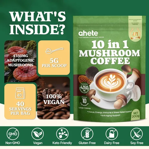 Vista 7 de Café de hongos 10 en 1 con arábica orgánica, melena de león, chaga, reishi y cordyceps, mezcla de hongos de 2000 mg, enfoque, energía y apoyo