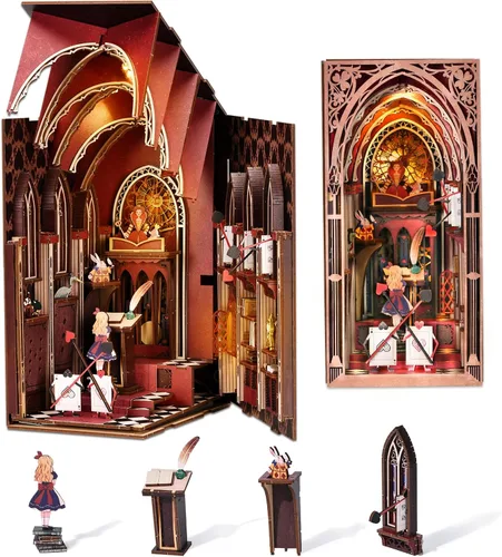 Vista 20 de CCCDF - Kit de manualidades para rincón de lectura de biblioteca, kit de casa de muñecas en miniatura, rompecabezas de madera 3D con luces LED