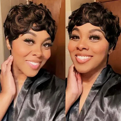 Vista 18 de Pelucas cortas de cabello humano estilo Pixie para mujeres negras, cabello brasileño virgen, corte natural marrón, sin pegamento, con flequillo