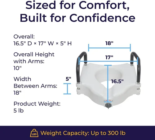 Vista 7 de Drive Medical RTL12027RA Asiento elevado para inodoro con brazos acolchados extraíbles, asiento estándar