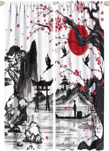 Vista 25 de Cortinas opacas con bolsillo para barra de arte asiático japonés para dormitorio, diseño de anime azul, océano, fantasía, cielo estrellado, Torii