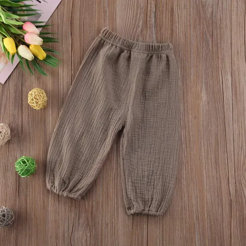 Vista 9 de Paquete de 3 pantalones de algodón y lino para bebés, niños y niñas, color liso, ropa básica para bebés