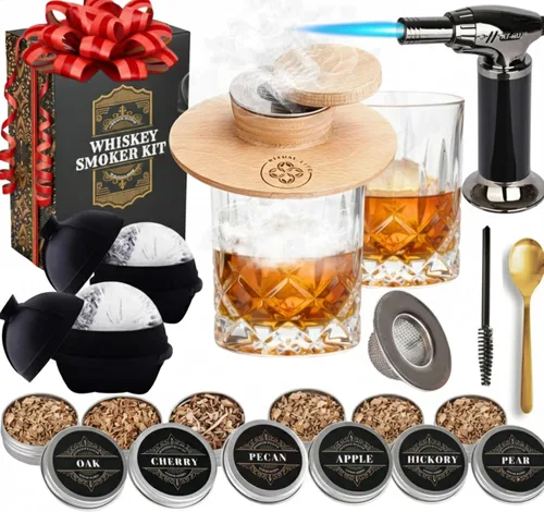 Kit de Ahumador de Whisky - Kit de Ahumador de Cóctel con Soplete, 2 Vasos de Whisky, 2 Fabricantes de Bolas de Hielo, Virutas de Madera de 6