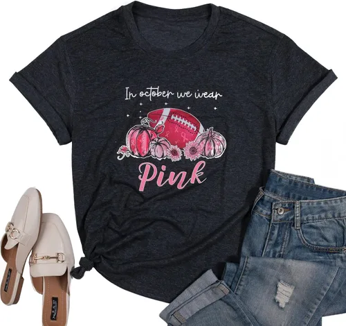 Vista 4 de Mujeres en octubre Llevamos camisa rosa Concientización sobre el cáncer de mama Tops Camiseta de fútbol para sobrevivientes de cáncer de mama