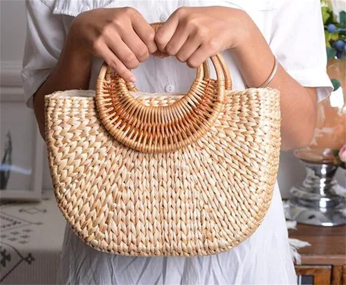 Vista 8 de Bolso de mano para mujer y niña, bolso de mano de paja tejido de moda, bolso de hombro, bolso de playa, bolso de luna, bolso de cubo de verano 2023