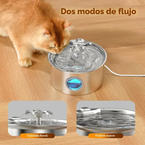 Vista 3 de Fuente de agua para gatos de acero inoxidable: fuente para mascotas ultra silenciosa de 88 oz/2.6 L con pico de gatito con flores y dispensador