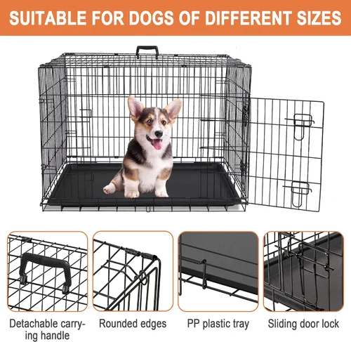 Vista 3 de Jaula de perro de doble puerta de 30/36/42 pulgadas plegable de alambre de metal con bandeja para perros pequeños/medianos/grandes, uso en viajes