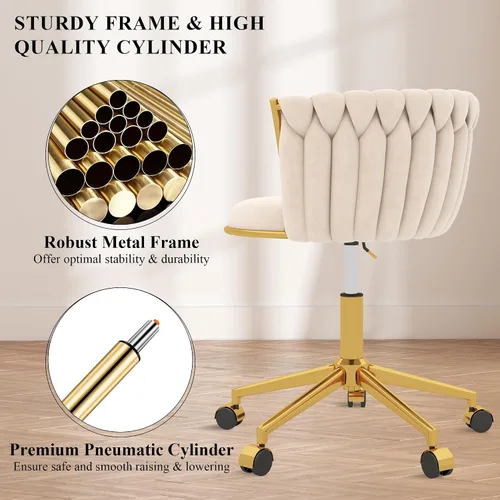 Vista 5 de Silla de escritorio de terciopelo, moderna silla de oficina con ruedas, sillón giratorio de tocador para el hogar con respaldo tejido, asiento