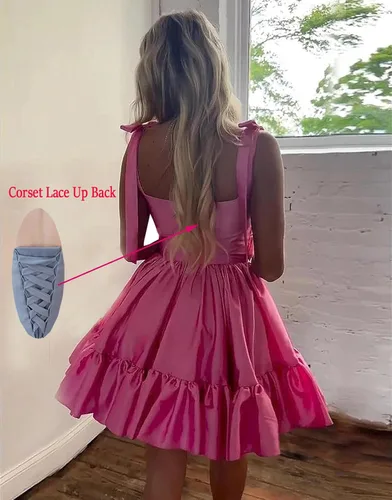 Vista 2 de Zoghoo Vestidos cortos de regreso a casa para adolescentes, dobladillo con volantes, vestido corto de graduación, vestido de cóctel de satén